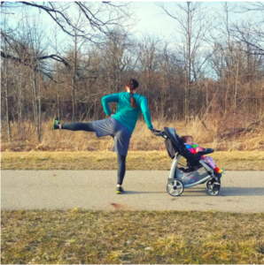 This is a stationary move. With at least one hand on the stroller, slowly lift your left leg out to the side as high as you can. Hold it at the top for a quick 3 count before gracefully lowering it back to the ground. Aim for 10 leg lifts on each side.