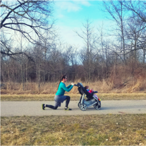 Keep both hands on the stroller as you lunge. Take a medium sized step forward. Bend both the front and back knee as you dip down. Don't let your front knee move forward past your toes. Go for a total of 30 lunges.