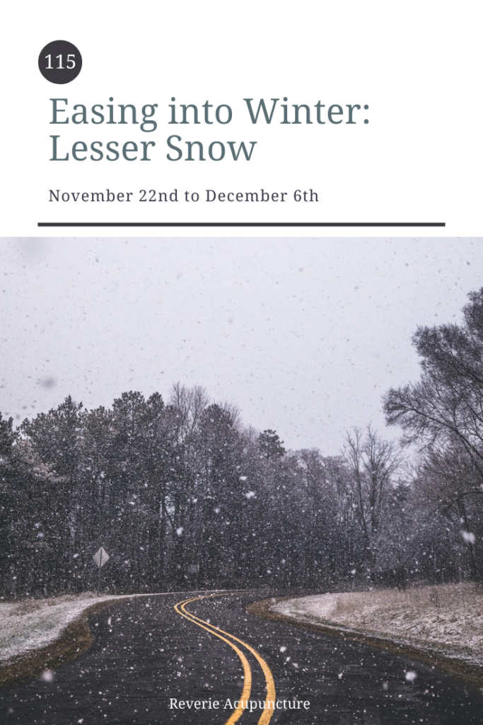 Four weeks ago we had a snow storm. Two weeks ago we had a 70 degree Saturday. But now we’re finally turning back towards winter weather. I know that it can be disappointing for those of you who don’t like winter or cold weather, but just like the heat of summer is necessary to grow food, the cold of winter is necessary for the world to rest. The last two week marked the Beginning of Winter and now we can build off the work we’ve done to support our kidneys as we move into the Lesser Snow seasonal node. Photo by Travis Rupert via Pexels